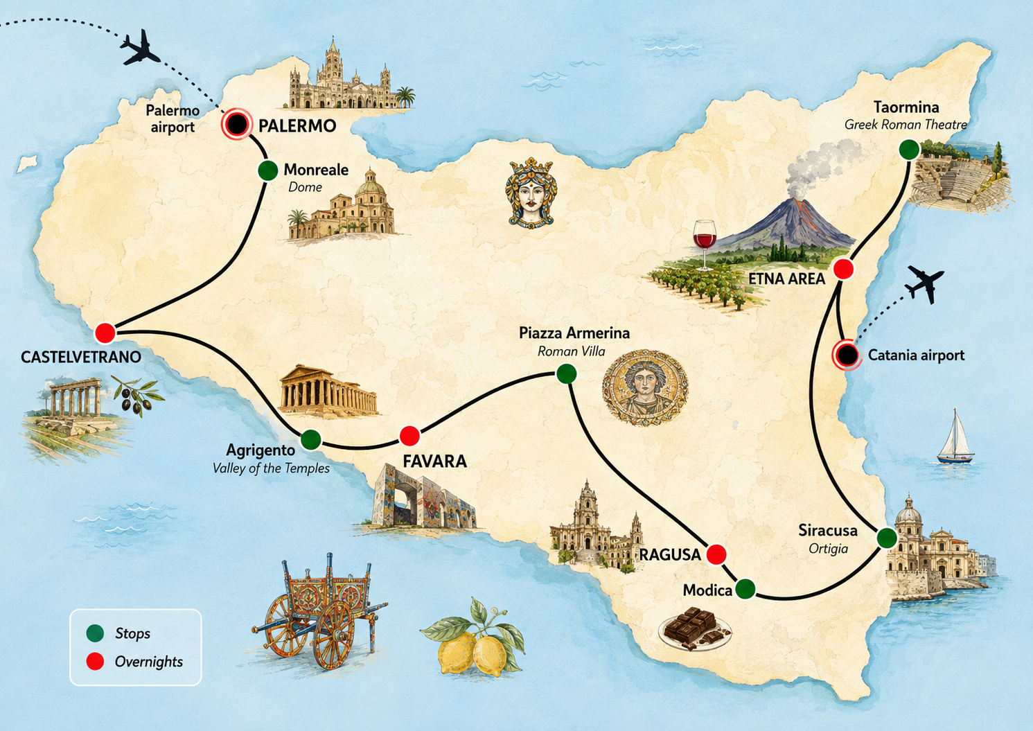 Map of The Sicilian Thread 8-day tour route across Sicily, with stops and overnight stays from Palermo to Catania