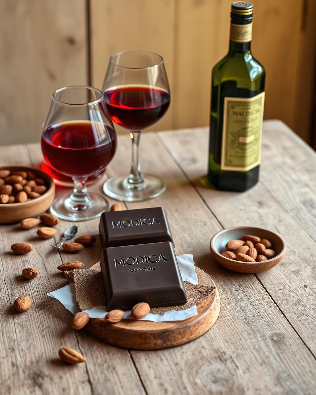 Modica chocolate, Sicilian almonds, olive oil and wine on a rustic table